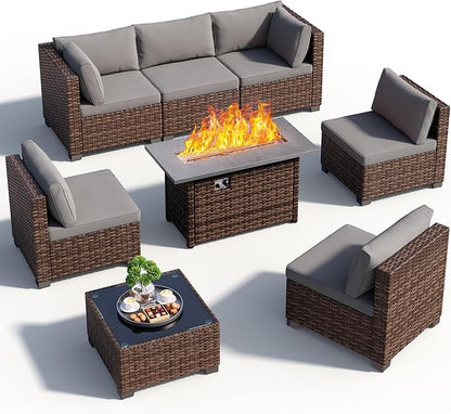 8 Pieces Outdoor Patio Furniture Set with 44.9" Fire Pit Table, All-Weather Wicker Outdoor Patio Sectional Set with Coffee Table, for Garden Backyard