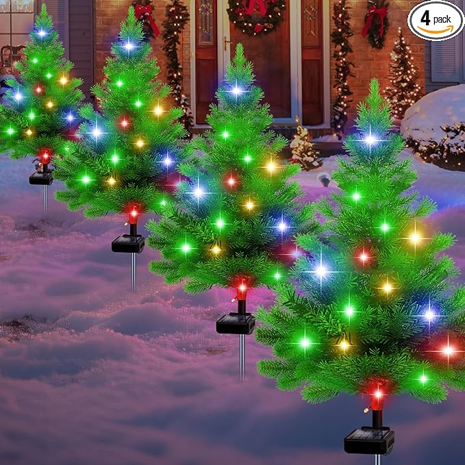 Solar Christmas Tree Lights,4 Pack Multiple Outdoor Christmas Decorations Waterproof Outdoor Xmas Decor, Tree Lights for Pathway, Patio, Yard, Garden