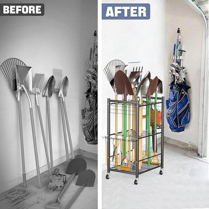WALMANN Garden Tool Organizer with Wheels for Garage, Rakes/Shovels/Yard Tools Storage Stand for Garden, Yard, Indoor/Outdoor Long-Handled Tools Rolling Cart(Tool stand)