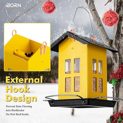 iBorn Bird Feeder House, Metal Bird Feeders for Outdoors Hanging,Double-Sided Metal Hanger & Weatherproof, Easy to Clean & Refill, 2.2 Lbs Capacity, Yellow