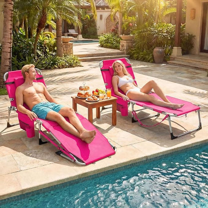 GYMAX Tanning Chair, 3 in 1 Sun Bathing Lounge Chairs with Face/Arm Holes & Side Pocket, Portable Lightweight Face Down Layout Tanning Chair for Outside, Beach, Backyard, Poolside (2, Pink)