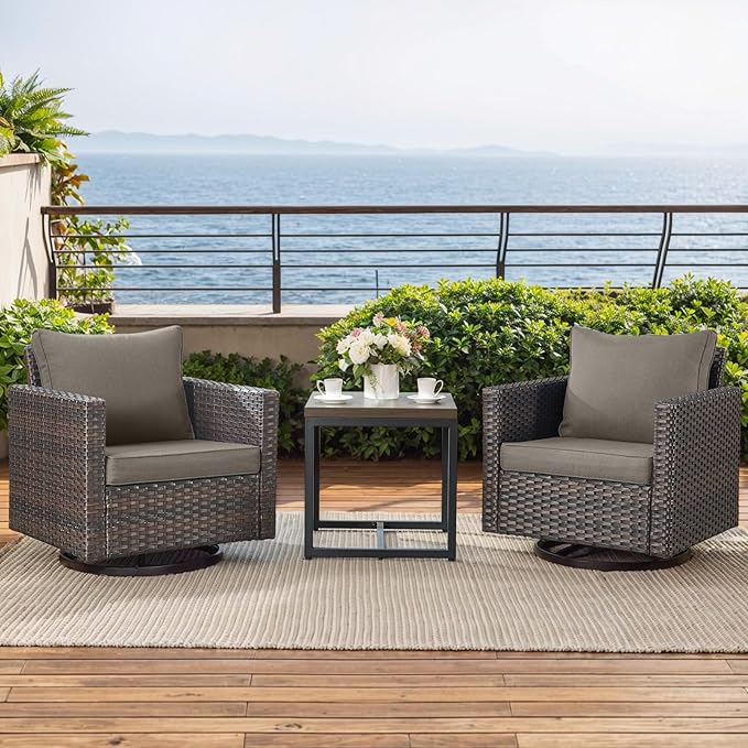 Rilyson Outdoor Patio Swivel Rocker Chairs - 3 Piece Wicker Patio Furniture Bistro Swivel Rocking Chairs Set with Comfortable Cushions,Sturdy Metal Frame and Side Table for Porch Deck(Brown/Grey)
