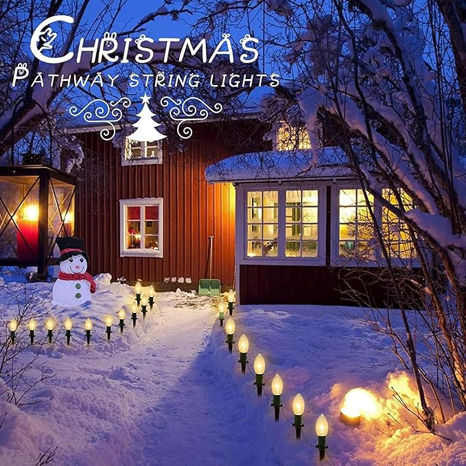 Christmas Pathway Lights Outdoor, 38Ft Outdoor Xmas Decorations String Lights with 25 C9 Warm White Christmas Pathway Stakes Lights for Walkway Yard Lawn Sidewalk Driveway Garden