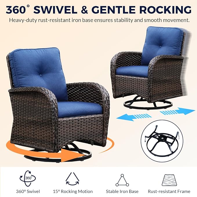 3-Piece PE Wicker Swivel Rocking Patio Chair Set with Cushions & Ripple Glass Table, Luxury All-Weather Outdoor Bistro Set for Modern Deck Balcony Furniture Set