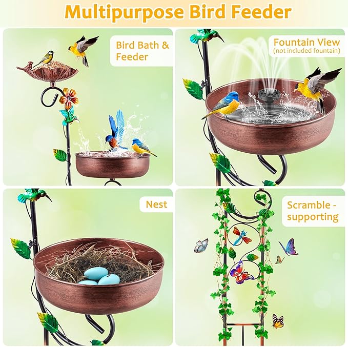 2 In 1 Bird Bath for Outside, Freestanding Large Bird Feeder Birdbaths for Outdoors, Garden Metal Bird Baths Bowl for Patio Yard, Copper