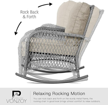 Patio Furniture Set 3 Pieces, Rocking Bistro Set with Thick Cushions, Grey Wicker Outdoor Rocker Chairs and Coffee Table for Porch, Backyard or Garden (Grayish White)