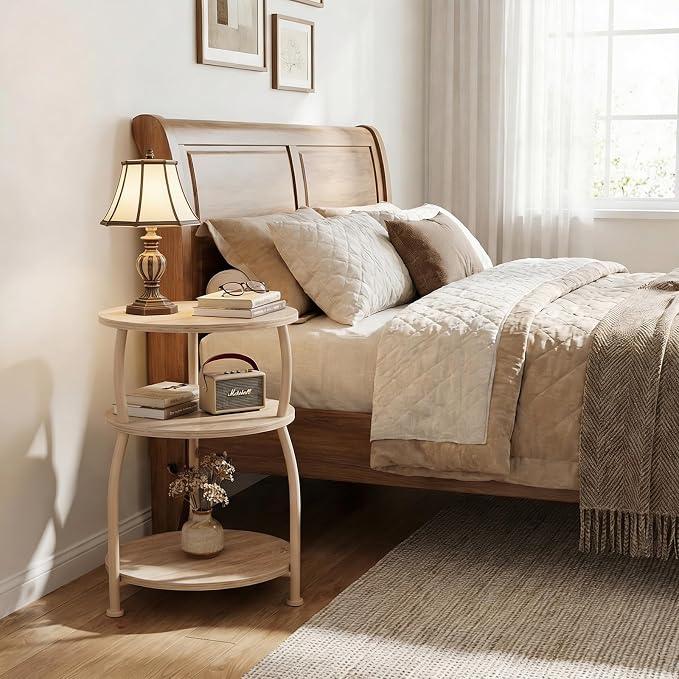 Round Side Table, 3-Tier End Table with Storage Shelf, 15.7" Wide Nightstand for Small Spaces, Tall Sofa Table Capable of Holding Laptops & Lamps, Bedside Table for Bedroom & Living Room, Oak
