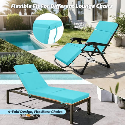 2 Pcs Outdoor Chaise Lounge Cushion 72" x 21" x 3", 4-Section Folding Patio Lounge Chair Cushion with Ties, Waterproof & Fade Resistant Replacement Cushion for Pool, Patio, Deck (Teal, 2 Pcs)