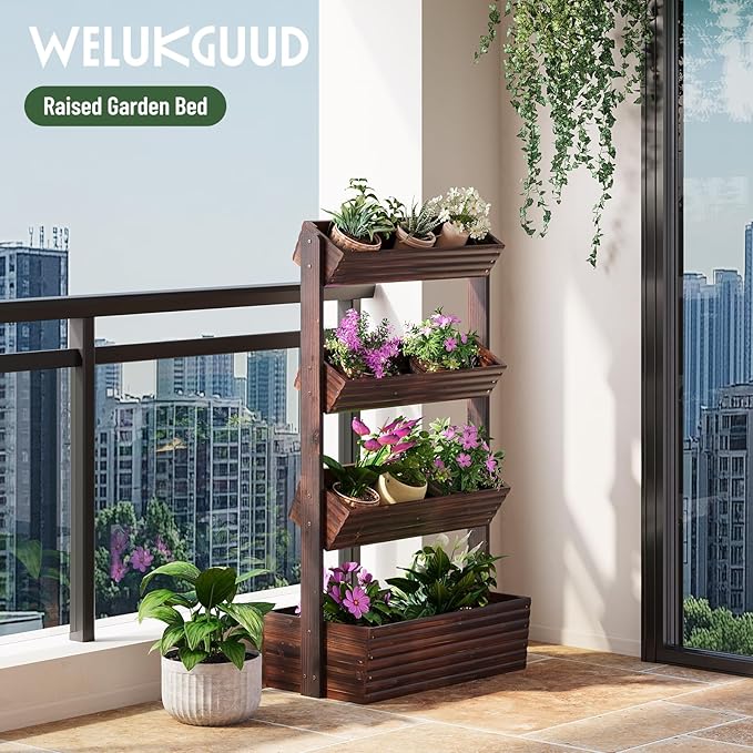 Vertical Wooden Raised Garden Bed, Garden Planters Freestanding Wood Plant Stand Flower Rack Wooden Planter Box for Plants Herbs Flowers Vegetables Outdoor Indoor Gardening (4-Tier Carbonized)