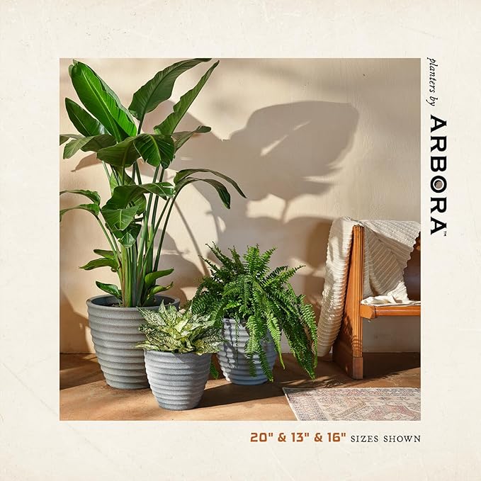 ARBORA 16" Ibiza Polyresin Indoor and Outdoor Planter with Stone Blend Concrete Gray Finish - Durable, Weatherproof, Lightweight, Large Plant Pot for Patio, Garden, Deck, Entryway - 2 Pack
