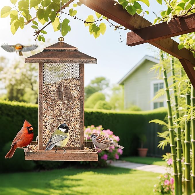 LBTING Bird Feeder for Outside, Metal Lantern-Shaped Bird Feeder, Wild Bird Feeders for Hanging Outdoor Garden Yard, Birds Pattern