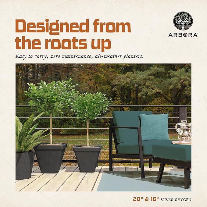 ARBORA 16" Mykonos Square Polyresin Indoor and Outdoor Planter with Classic Black Finish - Durable, All Season, Weatherproof, Lightweight, Large Plant Pot for Patio, Garden, Deck, Entryway