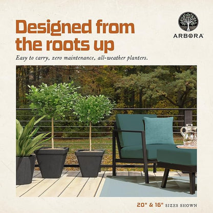 ARBORA 16" Mykonos Square Polyresin Indoor and Outdoor Planter with Classic Black Finish - Durable, All Season, Weatherproof, Lightweight, Large Plant Pot for Patio, Garden, Deck, Entryway