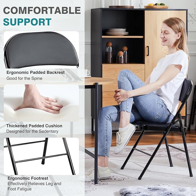 DUMOS 4 Pack PU Leather Padded Folding Chair, for Indoor and Outdoor Events, Portable Stackable Seat with Steel Frame, for Home, Office, Party, Dining, Black