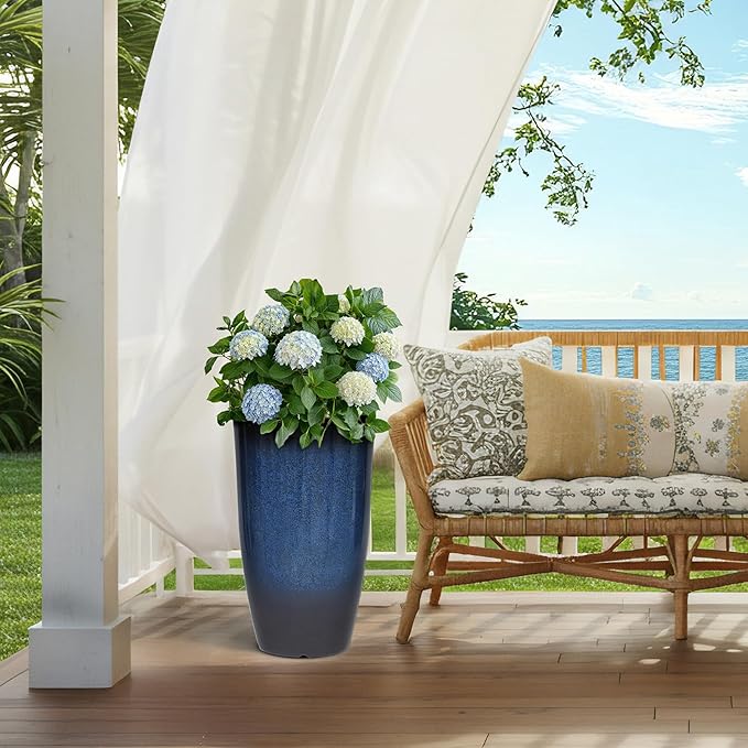 23.75" H Large Tall Outdoor Planters, Set of 2 Plastic Large Flower Pots for Outdoor Plants, with Gradient Cobalt Bule Finish, Weather-Resistant for Porch, Garden, Patio or Indoor Use