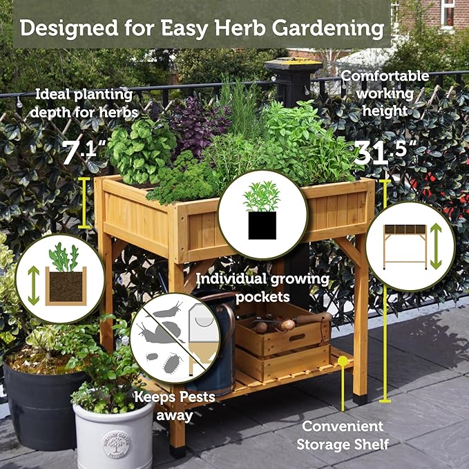 VegTrug Custom Herb Garden Planter Box, Natural Cedar Wood - Versatile Multi-Liner Raised Garden Bed with Storage Shelf for Patio, Balcony & Courtyard Gardening