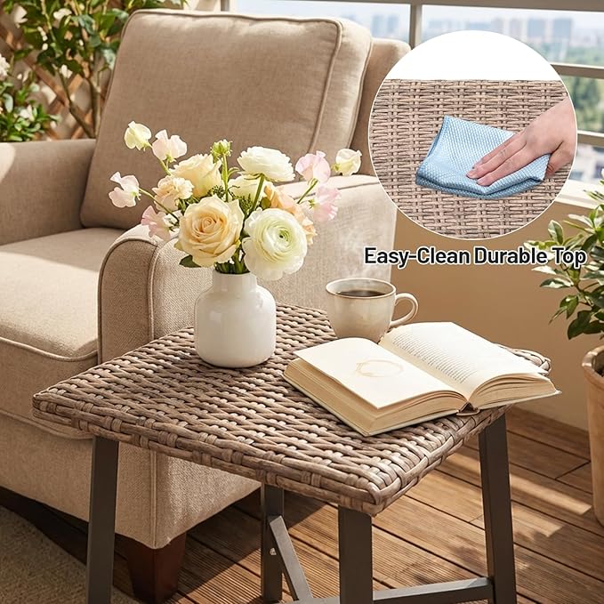 Loungewave Outdoor Side Tables for Patio, Small Wicker Patio Rattan Side Table, Outside End Table for Backyard, Porch, Pool, Weather Resistant & Easy Maintenance (Brown)