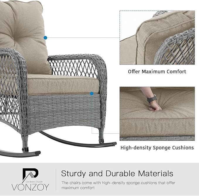 Patio Furniture Set 3 Pieces, Rocking Bistro Set with Thick Cushions, Grey Wicker Outdoor Rocker Chairs and Coffee Table for Porch, Backyard or Garden (Grayish White)