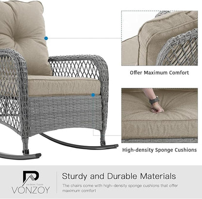 Patio Furniture Set 3 Pieces, Rocking Bistro Set with Thick Cushions, Grey Wicker Outdoor Rocker Chairs and Coffee Table for Porch, Backyard or Garden (Grayish White)