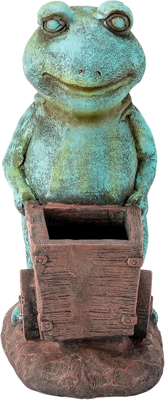 Alpine Corporation ZEN716 Outdoor Frog Pushing Wagon Planter, Garden Statue Decoration, 15" Tall, Green