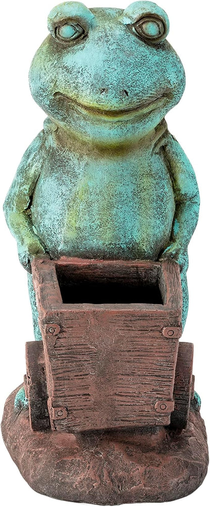 Alpine Corporation ZEN716 Outdoor Frog Pushing Wagon Planter, Garden Statue Decoration, 15" Tall, Green