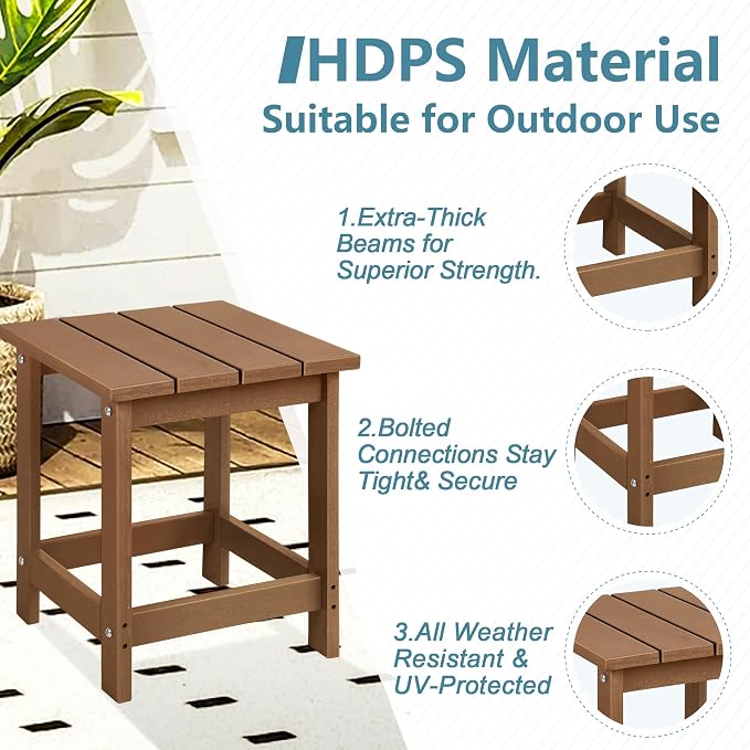 LZRS Adirondack Outdoor Side Table – Durable Weather-Resistant HDPE Patio End Table for Porch, Deck, Pool, Garden,Sturdy and Easy Assembly, Brown