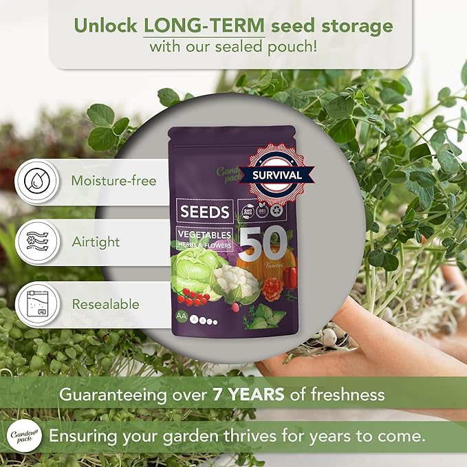 Garden Pack Vegetable Seeds Pouch - 50 Varieties of Vegetable, Herb & Flower Seeds for Planting - 25,000 Non GMO Heirloom Seeds - Gardening Gifts for Men and Women