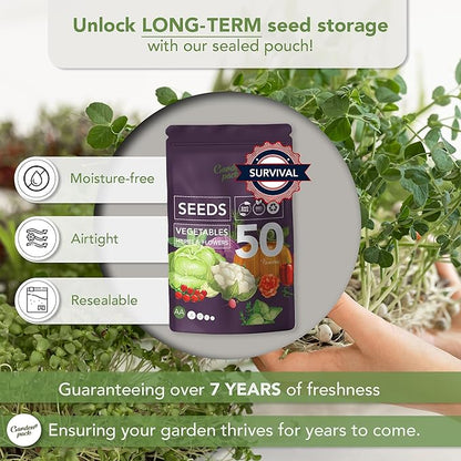 Garden Pack Vegetable Seeds Pouch - 50 Varieties of Vegetable, Herb & Flower Seeds for Planting - 25,000 Non GMO Heirloom Seeds - Gardening Gifts for Men and Women