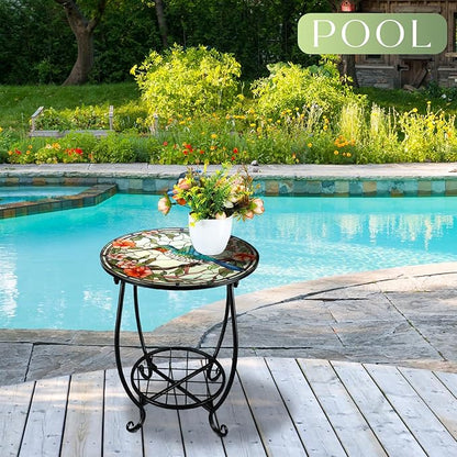 Cinnvoice Outdoor Side Table Round Small Mosaic Patio Accent Indoor End Plant Coffee Tea Table for Yard Patio Porch Garden Living Room, Bedroom(Hummingbird A Style,14 Inch)
