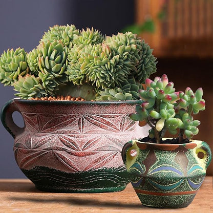 Ceramic Succulent Pot with Drainage Hole, Bohemia Rustic Decorative Planter, Set of 2, Indoor Outdoor
