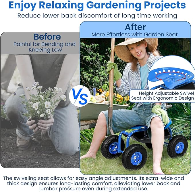 Goplus Garden Seat with Wheels, Rolling Garden Cart with Adjustable 360° Swivel Seat, Tool Tray, Basket for Lawn, Yard, Patio, Heavy Duty Gardening Stool, Outdoor Wagon Scooter for Seniors