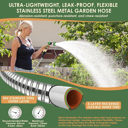 FlexiSolve Stainless Steel Garden Hose 25 ft - Heavy Duty Durable Metal Water Hose, Kink Resistant, Lightweight, Flexible, Rust Proof, UV Resistant - Ideal for Yard, Lawn, Plant Watering & Car Washing