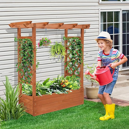 VINGLI Raised Garden Bed with Trellis & Hanging Roof, Wooden Garden Bed, Outdoor Planter Box for Yard, Garden, Balcony