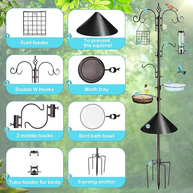 YINGYM Bird Feeding Station Kit, 87 Inches Bird Feeder Pole, Premium Feeder Hanging Kit with Metal Suet, Water Bowl, Mesh Tray and Squirrel Baffle