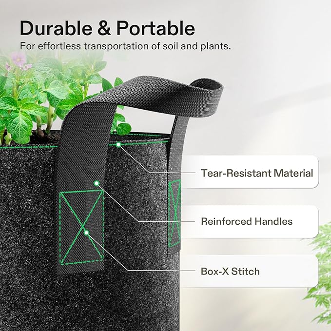 VIVOSUN 5-Pack 2 Gallon Grow Bags Heavy Duty Thickened Nonwoven Fabric Pots with Handles