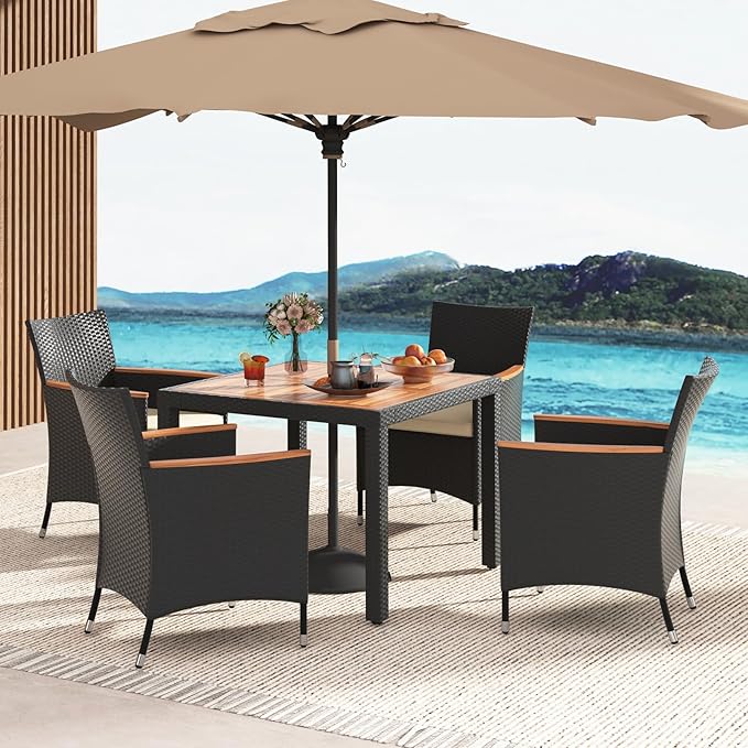 Tangkula 5 Pieces Patio Dining Table Set for 4, Rattan Conversation Set with Umbrella Hole, Seat Cushions & Acacia Wood Tabletop, Outdoor Dining Table with 4 Chairs for Backyard, Poolside & Deck