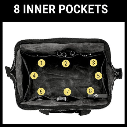 Heavy-Duty 16oz Waxed Canvas Tool Tote Bag - 15" Wide Mouth Open Top Organizer with 15 Pockets | Multi-Purpose Storage for Tools, Hardware & DIY Supplies (Black)