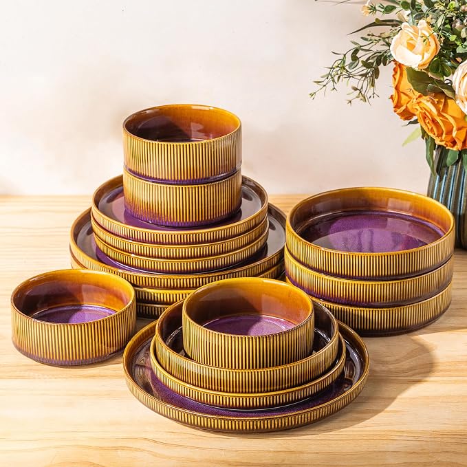 TheTerra Ceramic Dinnerware Sets for 4, 16 Pieces Porcelain Lightweight Plates and Bowls Sets, Scratch Resistant Dish Set, Oven & Microwave & Dishwasher Safe, Amber Amethyst