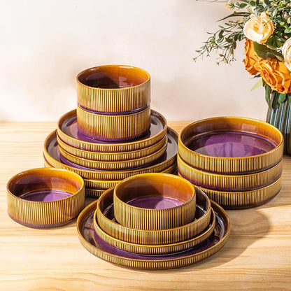TheTerra Ceramic Dinnerware Sets for 4, 16 Pieces Porcelain Lightweight Plates and Bowls Sets, Scratch Resistant Dish Set, Oven & Microwave & Dishwasher Safe, Amber Amethyst