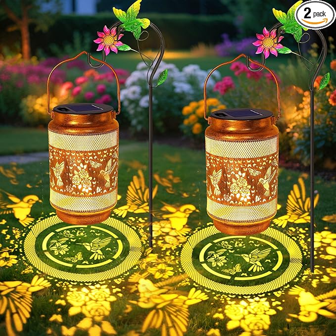 2 Pack Hummingbird Solar Lanterns Outdoor Waterproof Solar Garden Decor, Birthday Gifts for Mothers Day Women Mom Grandma, Metal Hanging Lights with Shepherd Hook for Yard Patio Pathway Backyard Porch
