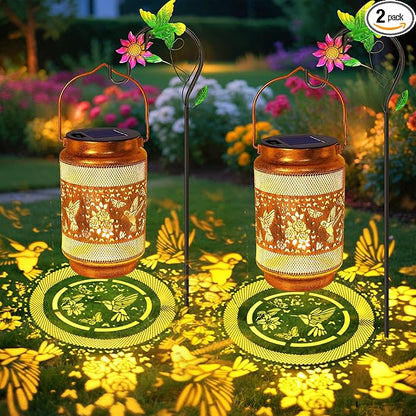 2 Pack Hummingbird Solar Lanterns Outdoor Waterproof Solar Garden Decor, Birthday Gifts for Mothers Day Women Mom Grandma, Metal Hanging Lights with Shepherd Hook for Yard Patio Pathway Backyard Porch