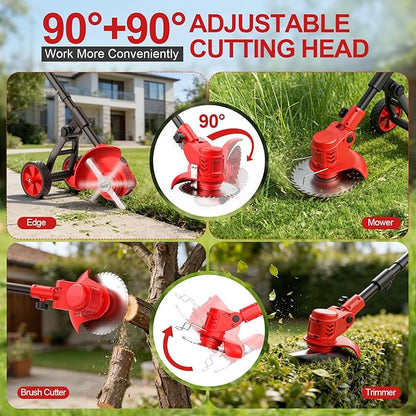 Cordless Weed Wacker with Wheels, 650W Electric Weed Trimmer, 2x2.0Ah 21V Battery Powered, 3 Types Blades Weed Eater Brush Cutter, String Trimmer Lawn Mower Edger Tool for Garden Yard