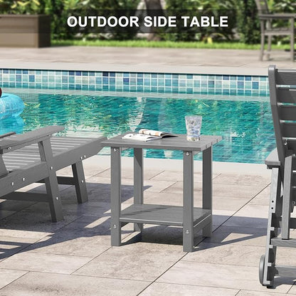 2 Tier Outdoor Side Table with Wood-Like Grain, 16.6" HDPE Adirondack Table Patio Side Table, Weather Resistant End Table for Pool, Patio & Porch, Small Outdoor Table (Grey, Rectangle)