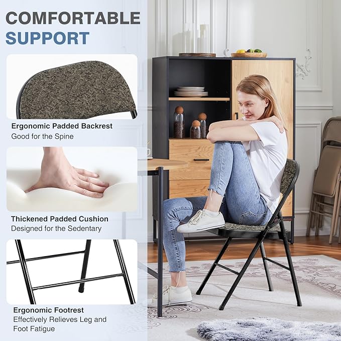 DUMOS 4 Pack Folding Chairs with Padded Cushion and Back - Fabric Stackable Portable Dining Chairs Set, for Home and Office, Conference, Wedding, Party, Patio, Garden, for Indoor Outdoor, Black Grey