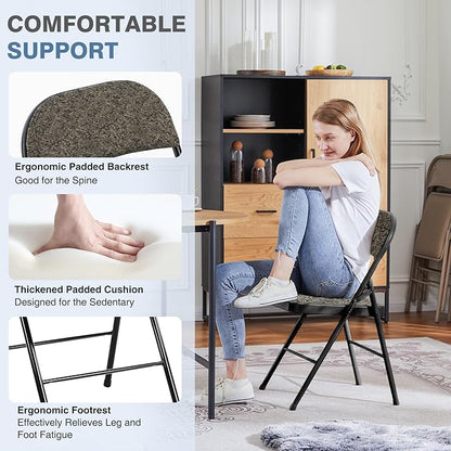 DUMOS 4 Pack Folding Chairs with Padded Cushion and Back - Fabric Stackable Portable Dining Chairs Set, for Home and Office, Conference, Wedding, Party, Patio, Garden, for Indoor Outdoor, Black Grey