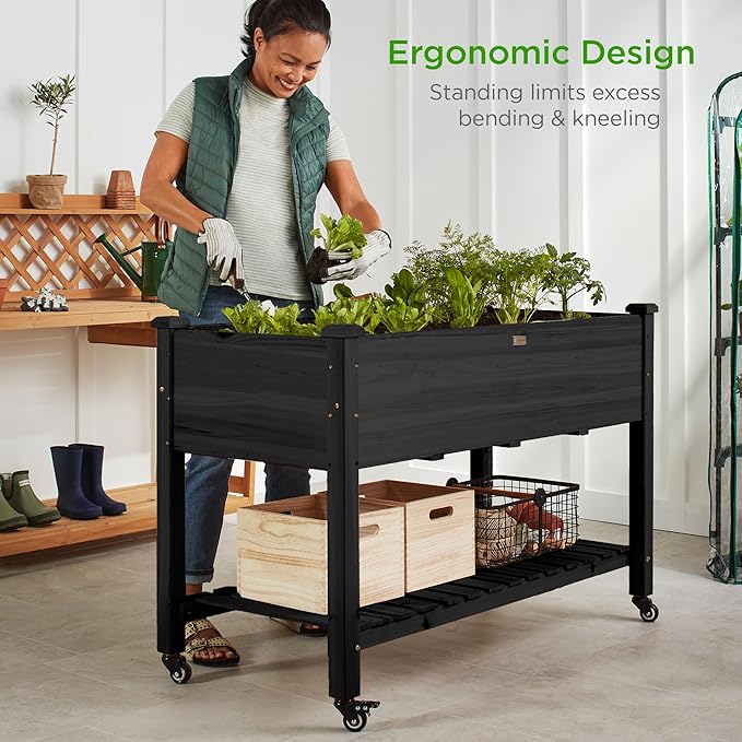 Best Choice Products Raised Garden Bed 48x24x32-inch Mobile Elevated Wood Planter w/Lockable Wheels, Storage Shelf, Protective Liner - Black