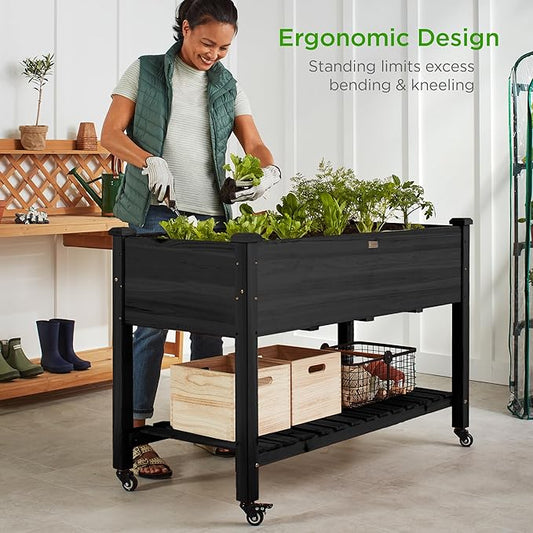 Best Choice Products Raised Garden Bed 48x24x32-inch Mobile Elevated Wood Planter w/Lockable Wheels, Storage Shelf, Protective Liner - Black