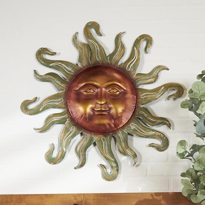 Deco 79 Metal Sun Home Wall Decor Wall Sculpture with Smiling Face and Curved Rays, Wall Art 31" x 1" x 30", Copper