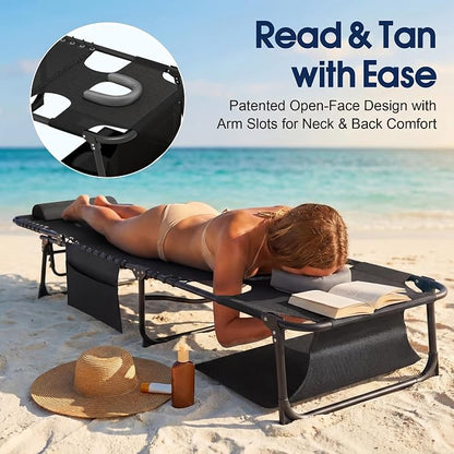 Flamaker Oversize Face Down Chaise Lounge Chair, 27 Inch Wide Foldable Outdoor Patio Chair, 5-Position Adjustable Tanning Chair with Face& Arm Holes for Sunbathing, Pool, Beach, Lawn (Black, 1 Pcs)
