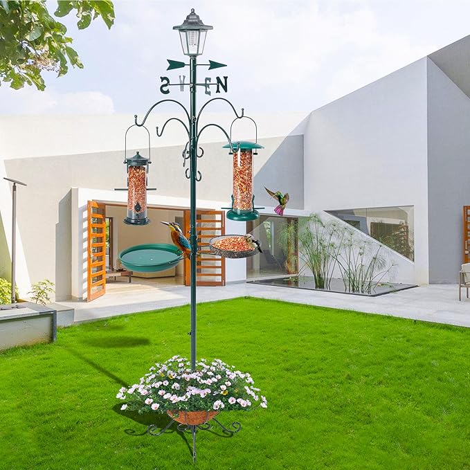 Yinns Bird Feeder with Pole Outdoor, Shepherds Hook for Birdfeeder, Multi Feeder Hanging with Solar Lamp, Tube Feeder, Bird Bath and Flower Pot for Attracting Wild Birds, 58 inch